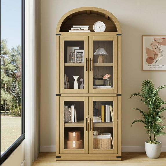 GAOMON Arched Bookshelf with Doors Farmhouse Bookcase Display Storage Shelves 71.4in Tall Wooden Display Cabinet Rounded Bookcases for Living Room, Kitchen, Office,Natural