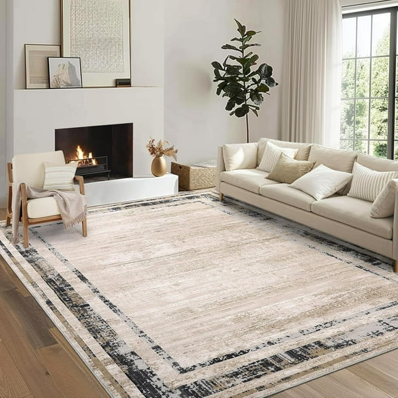 GAOMON Area Rugs 10x13ft, Brown, Washable Modern Distressed Border Rug, Non-Slip Soft Foldable for Living Room Bedroom