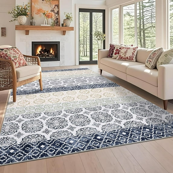 GAOMON Area Rugs 8x10ft, Blue, Washable Floral Vintage Rug, Non-Slip Soft Accent Area Carpet for Bedroom Dining Room