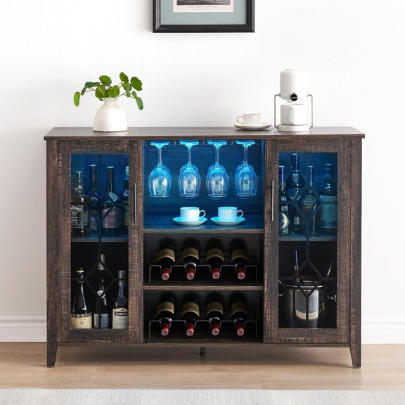GAOMON Bar Cabinet with LED Lights, Dark Grey Kitchen Storage Cabinet with Wine Rack, Glass Holder, Adjustable Shelves, and Tempered Glass Doors, Dark Oak