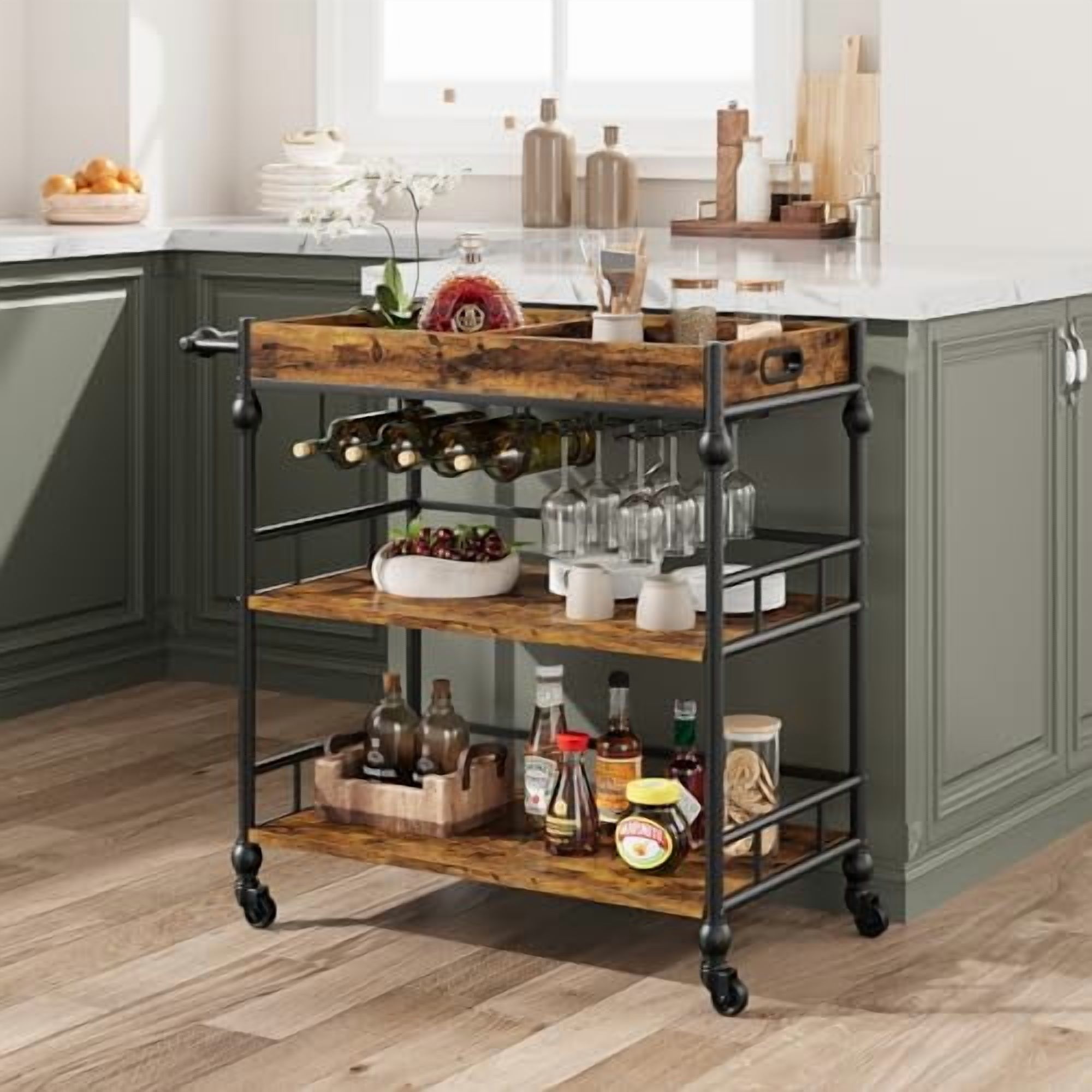 GAOMON Bar Cart, 3 Tier Bar Cart with Wheels, Rolling Cart with Wine ...
