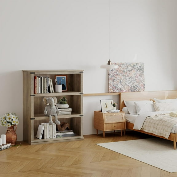 GAOMON Bookcases, Grey 31.5"x12.0"x40.0", 3 Tier Farmhouse Bookshelf, Rustic Open Display Shelving Unit, Wooden Organizer for Living Room, Bedroom, Office