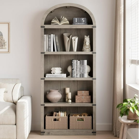 GAOMON Bookcases, Grey, 71.7" Tall, 5-Tier Arched Shelf, Modern Rustic Display Organizer, Floor Storage Cabinet, Basic Model