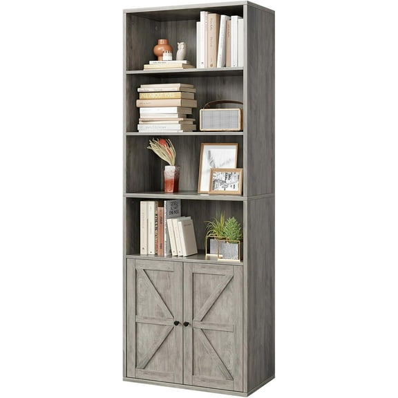GAOMON Bookcases, Grey Industrial Bookcase with Doors, 71.4" Tall, Large Storage Shelving Unit, Cabinet Shelves for Living Room, Bedroom, Office