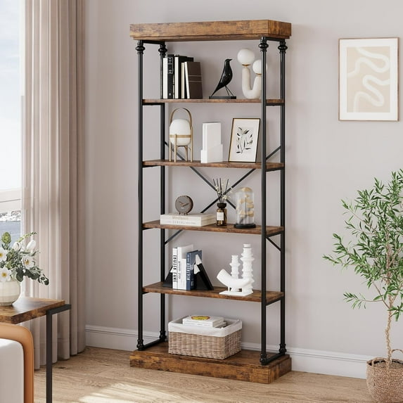 GAOMON Bookcases, Retro Color 5-Tier Farmhouse Bookshelf, Wooden Open Display Shelf with Storage, Rustic Organizer for Living Room, Bedroom, Home Office, 70" Tall