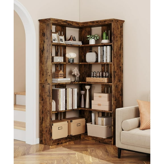 GAOMON Bookcases, Retro Color Half Back Panel, 31.5"W x 31.5"D x 72.8"H, 5-Tier L-Shaped Corner Bookcase, Storage Display Shelf, Modern Organizer for Living Room, Bedroom, Office