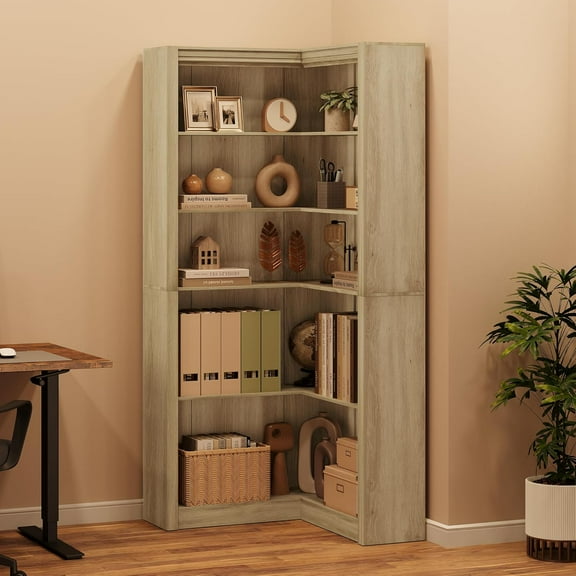 GAOMON Bookcases, Wood Color, 32"W x 32"D x 71.8"H, L-Shaped 5-Tier Corner Bookshelf, 10 Compartments, Modern Storage Shelf, Organizer for Living Room, Office