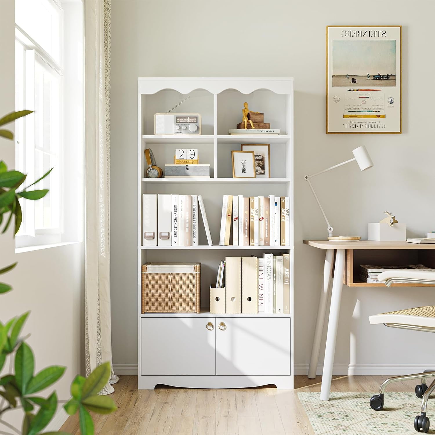 63-Inch Tall White MDF Bookcase with Doors and Open Shelves