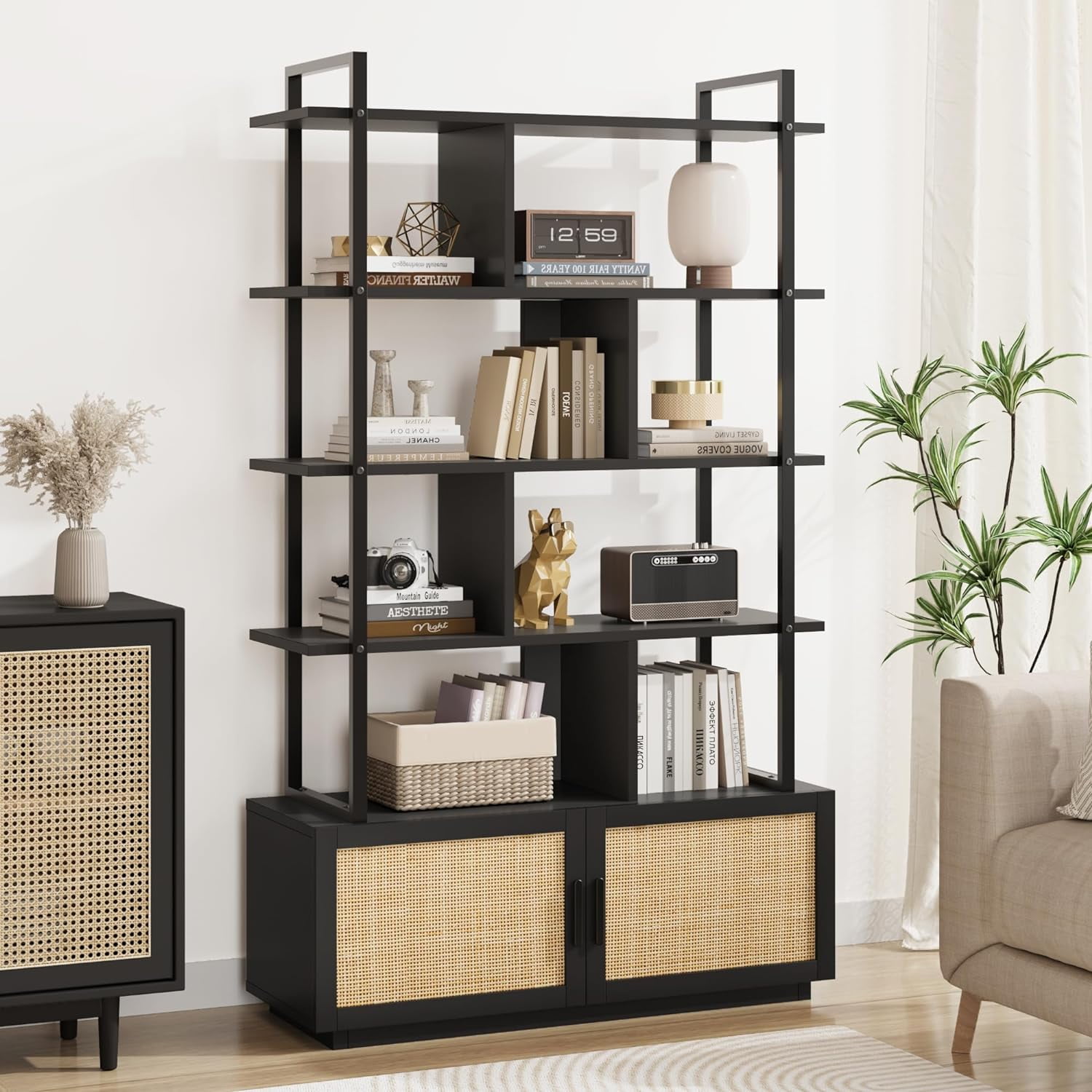 Black Metal and Rattan 71" Tall Industrial Bookshelf with Storage Cabinet