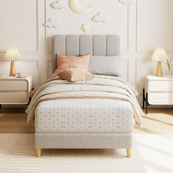 GAOMON Boucle Twin Bed Frame with Wave Headboard - Upholstered Platform Bed, Wood Slat Support, No Box Spring Needed, Easy Assembly, Grey