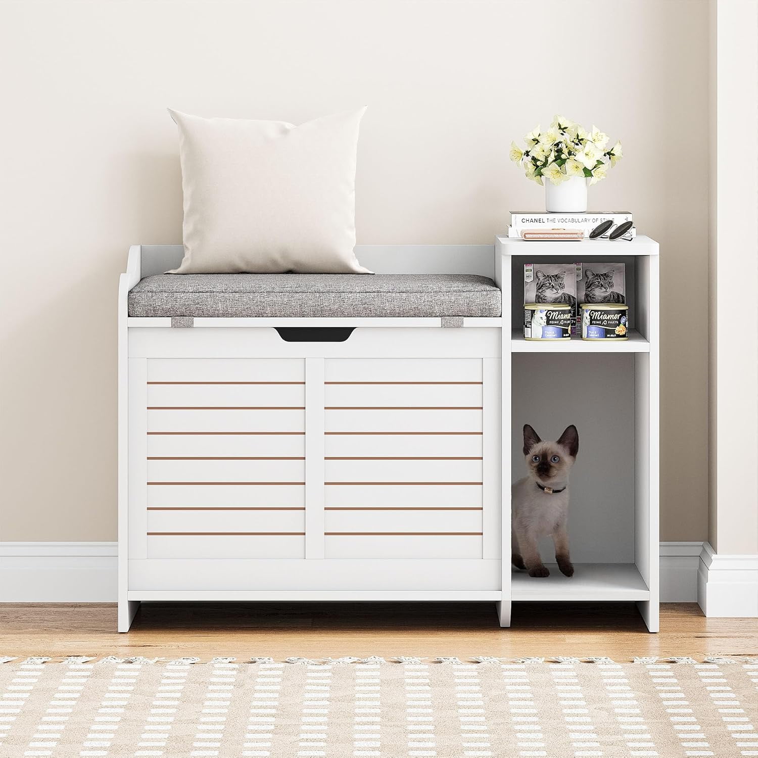 White Wooden Cat Litter Box Enclosure with Cushion and Storage