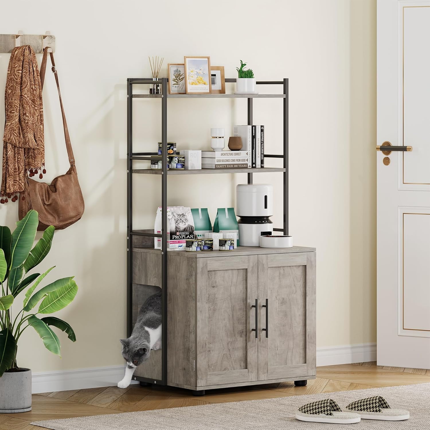 Gray MDF and Iron Cat Litter Box Enclosure with Shelves