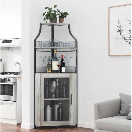 GAOMON Corner Bar Cabinet, 61" Liquor Cabinet w/Glass Rack & Adjustable Shelves, 5-Tier Farmhouse Wine Cabinet w/Lockable Door & Adjustable feet for Dining Room, Living Room, Kitchen, Grey
