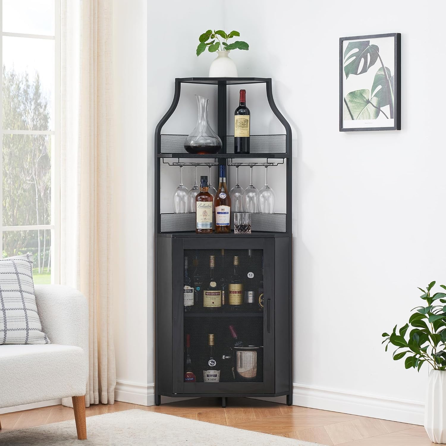 GAOMON Corner Wine Bar Cabinet with Drawer and Removable Shelve ...