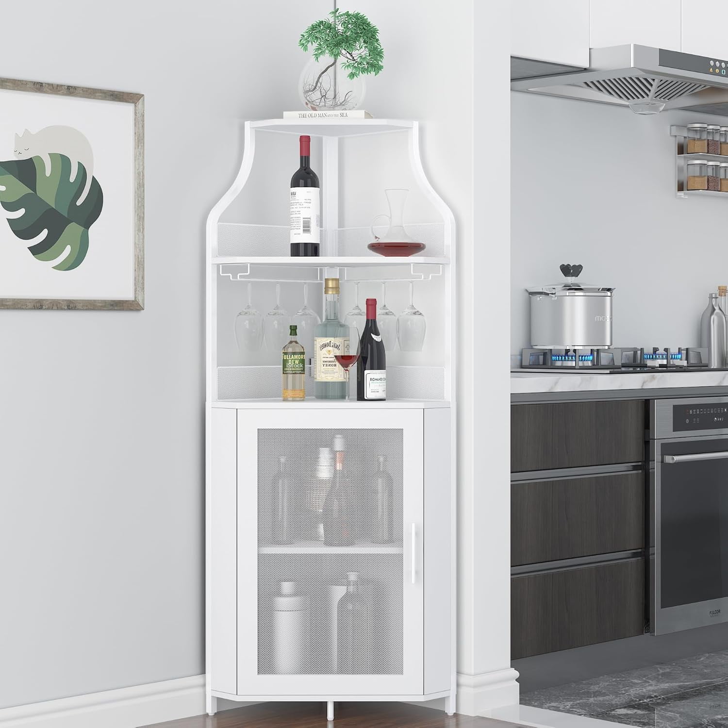 GAOMON Corner Wine Bar Cabinet with Drawer and Removable Shelve ...