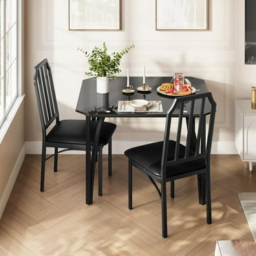 GAOMON Dining Table Set for 2, 3-Piece Kitchen Table and Chairs Set with PU Cushions, Space-Saving Dining Room Furniture for Small Spaces, Apartment, Black Glass