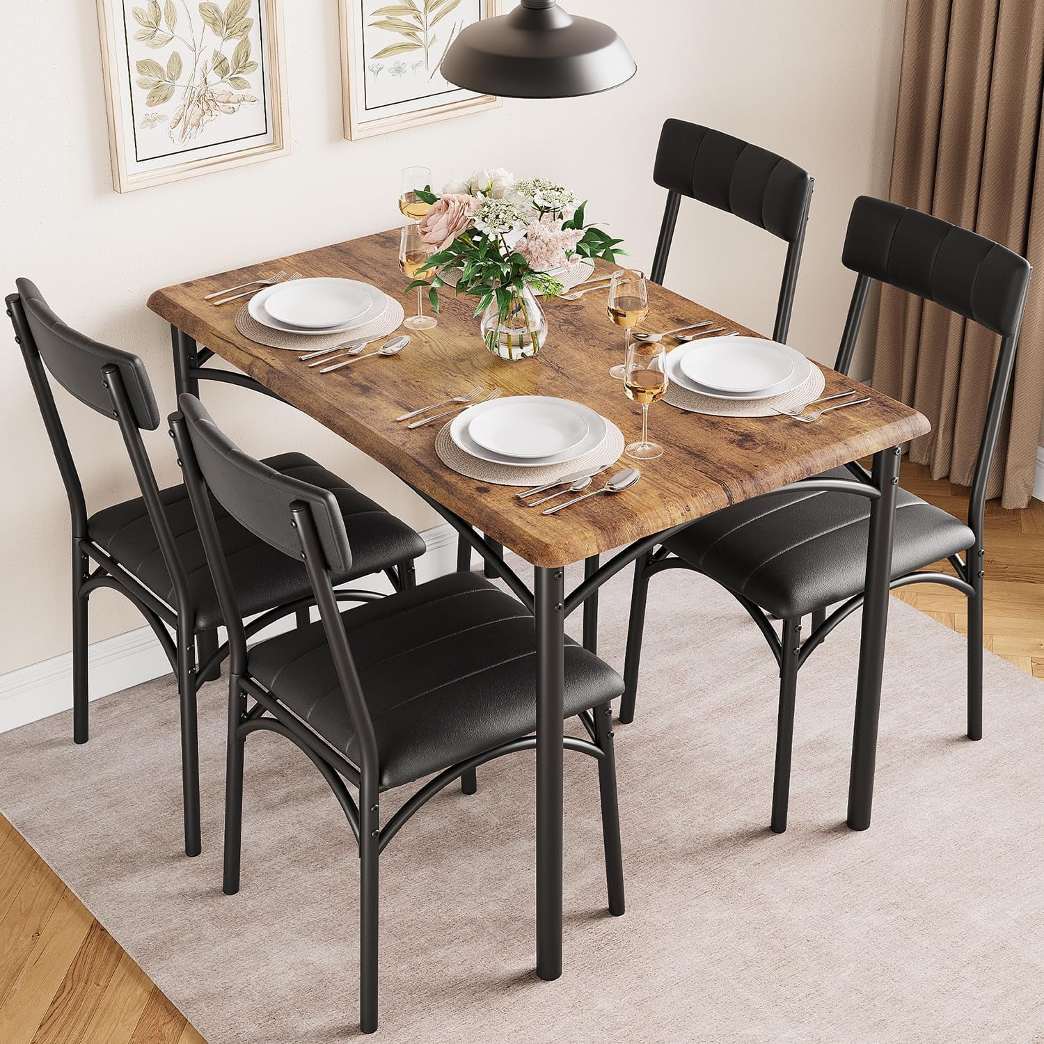GAOMON Dining Table Set For 4 With Bench & Wine Rack - Rectangular Kitchen Table Set For Small Spaces, Retro Brown - View #2
