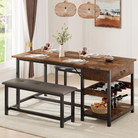 GAOMON Dining Table Set for 4, Kitchen Dining Table Set with Upholstered Benches, Kitchen Dining Room Table with Storage Drawers & Wine Rack for Small Space, Retro Brown
