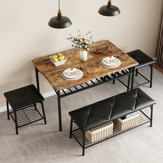 GAOMON Dining Table Set for 4,Kitchen Table with Upholstered Bench and 2 Square Stools 4 Piece Dining Set with Storage Shelves Dining Furniture Set for Small Space Apartment,Rustic Brown