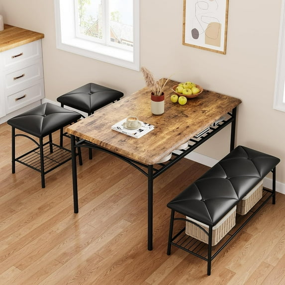 GAOMON Dining Table Set for 4, Kitchen Table with Upholstered Bench, Square Stools, Storage Rack, Rustic Metal & Wood Dining Room Table Set for Small Spaces, Apartment