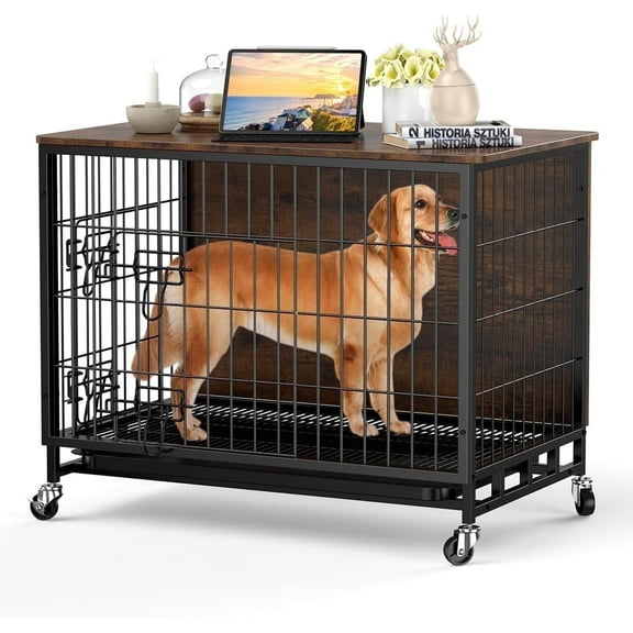 GAOMON Double Door Dog Crate Furniture - 38.6’ Indoor Dog Crate with Removable Tray and Wheels, Rustic Brown Decorative Wooden Dog Crate for Large Dogs