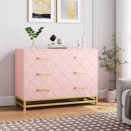 GAOMON Dresser for Bedroom with 6 Drawer, TV Stand Dressers Chest of Drawers Large Wood Dresser for Storage and Organization (Pink)