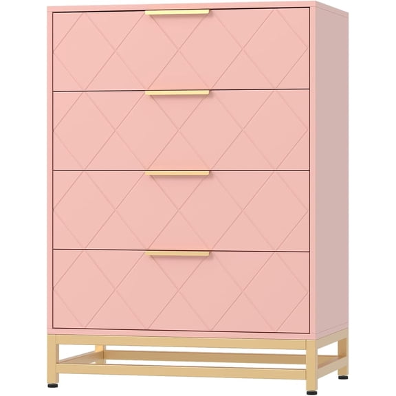 GAOMON Dressers, 4 Drawers, Pink, Wooden Storage Chest, Organizer Cabinet, Gold Handles, for Bedroom, Living Room, Entryway, Nursery, Modern Design, Easy Assembly