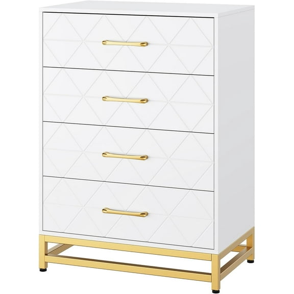 GAOMON Dressers, 4 Drawers, White, Wooden Storage Chest, Organizer Cabinet, Gold Handles, for Bedroom, Living Room, Entryway, Nursery, Modern Design, Easy Assembly