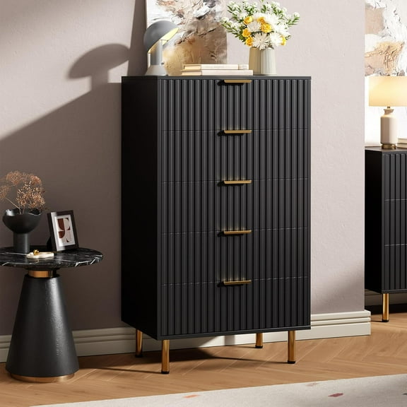 GAOMON Dressers, 5-Drawer, Black, Fluted Tall Chest, Wide Top, Gold Legs, Bedroom, Living Room Storage, 48"H