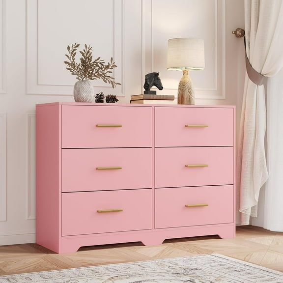 GAOMON Dressers, 6-Drawer, Pink, Wide Bedroom Chest, Modern Dresser with Gold Handles, Organizer for Living Room, Entryway, Hallway