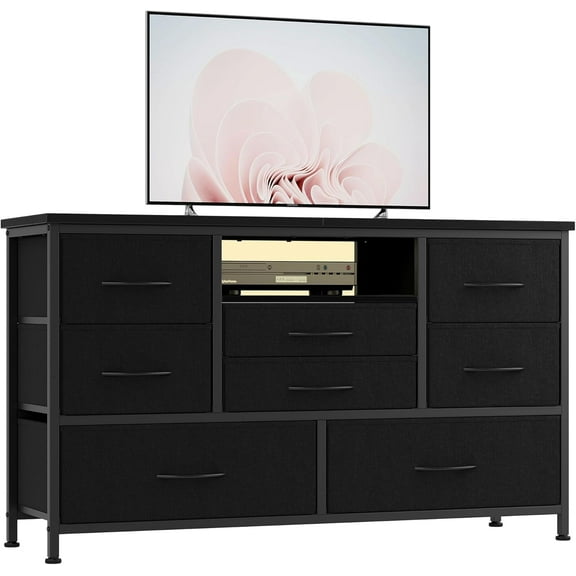 GAOMON Dressers, 8-Drawer, Pure Black Cationic Cloth, Bedroom Storage Cabinet, Power Outlet, Organizer, TV Stand for Living Room