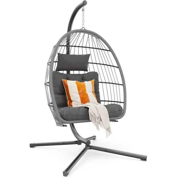 GAOMON Egg Chair with Stand,Patio Rattan Wicker Hanging Swing Egg Chair Hammock Chair for Bedroom Porch Garden,Thickened Aluminum Alloy Steel Frame and UV Resistant Cushion,350LBS Capacity,Gray