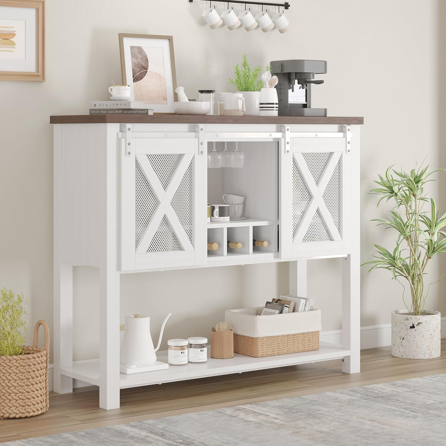 White Farmhouse Coffee Bar Cabinet with Sliding Barn Doors and Wine Rack
