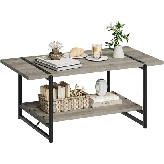 GAOMON Farmhouse Coffee Table, 2-Tier Living Room Tables Sofa Table, 41" Wood Coffee Table with Shelf, Rustic Minimalist Rectangle Center Table, 47 Inch