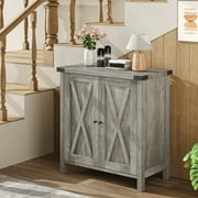 GAOMON Farmhouse Sideboard Buffet Cabinet, Sideboard With Solid Wood Countertop/Barn Doors,Cabinet with 2 Doors and Adjustable Shelves for Living Room, Dining Room ,Rustic Gray