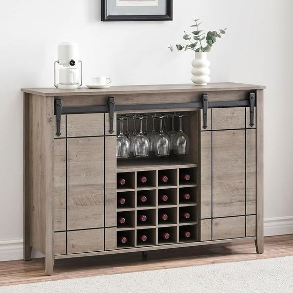 GAOMON Farmhouse Wine Bar Cabinet with Sliding Barn Door, 47" Coffee Bar with Wine Rack, Buffet Sideboard with Glass Storage for Dining Room and Living Spaces, Light Oak