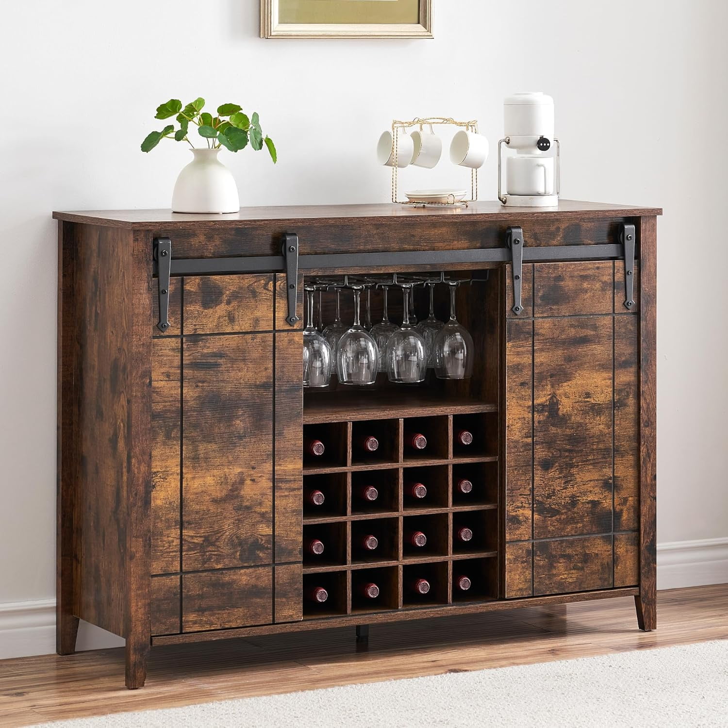 Rustic Brown Wood Wine Bar Cabinet with Sliding Barn Doors