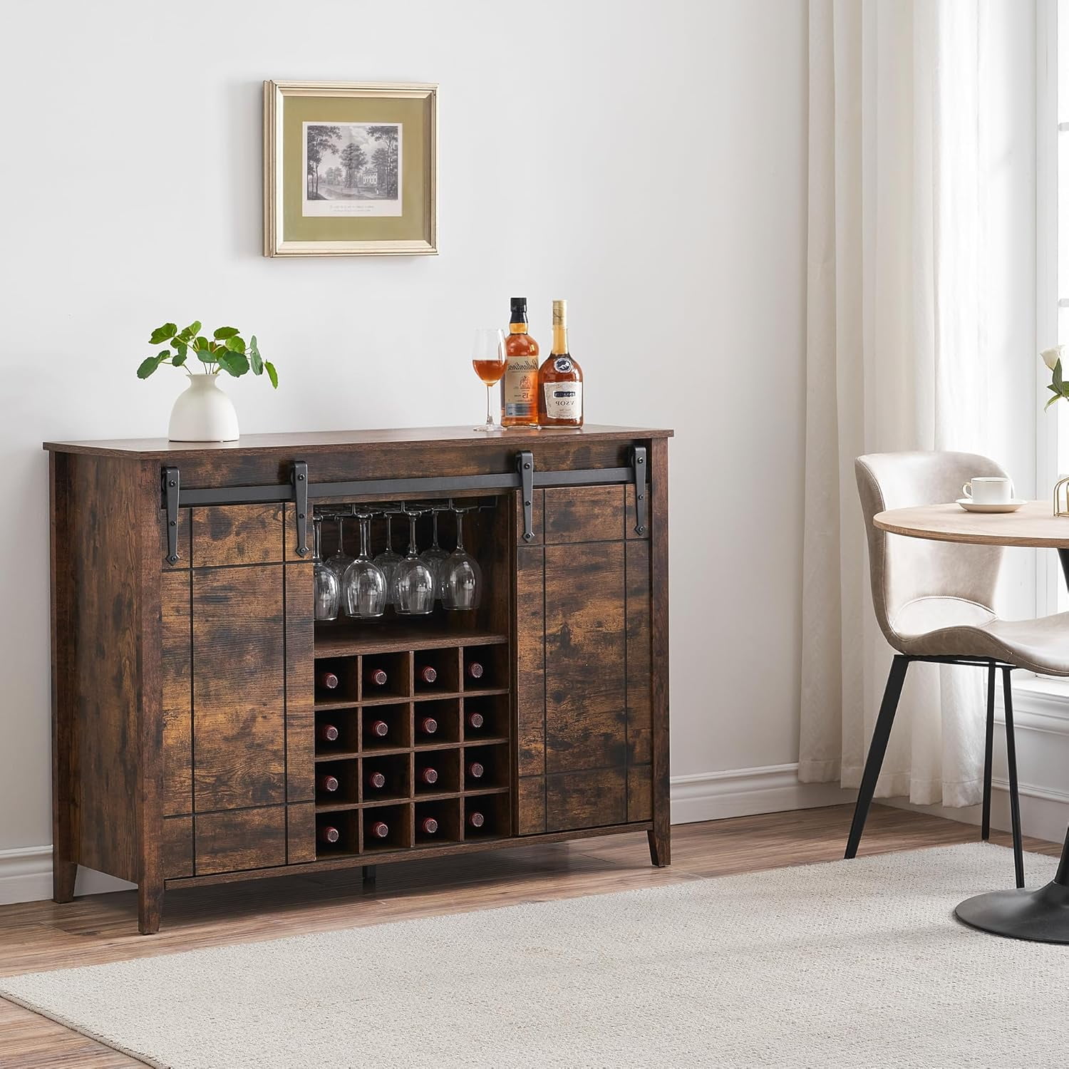 Rustic Brown Wood Wine Bar Cabinet with Sliding Barn Doors