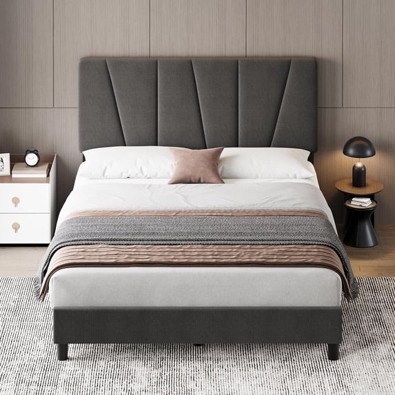GAOMON Full Size Bed Frame with Adjustable Headboard, Upholstered Linen Platform Bed with Wooden Slats, Noise-Free, Dark Gray