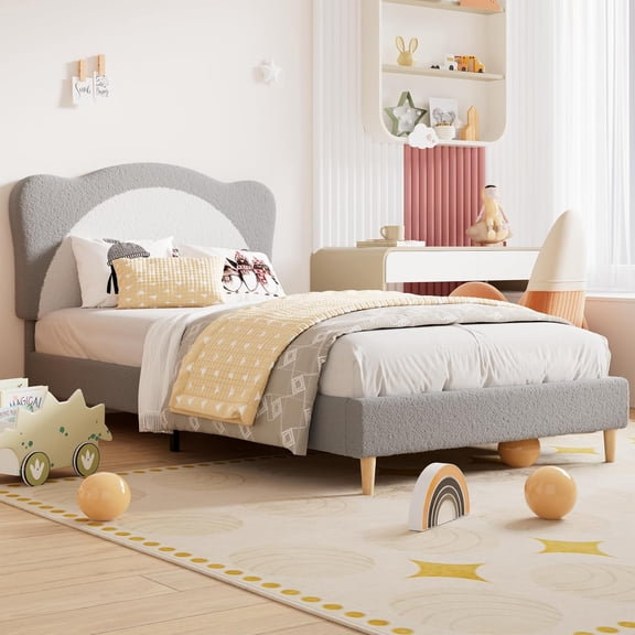 GAOMON Full Size Princess Bed Frame - Adjustable Scallop Headboard, Velvet Upholstered, No Box Spring Needed, Grey + White