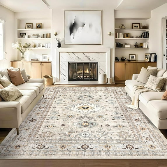GAOMON Indoor Boho Area Rug 5x7 Washable Rug Non-Slip Ultra-Thin Soft Rug Vintage Floor Mat Living Room Rug Low Pile Non-Shedding Kitchen Rug Oriental Distressed Rugs for Bedroom Dining Room Beige