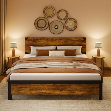 GAOMON King Bed Frame, King Size Bed Frame with Wood Headboard, King Platform Bed Frame with Under Bed Storage and Metal Legs, Noise Free, No Box Spring Needed, Easy Assembly-Rustic Brown