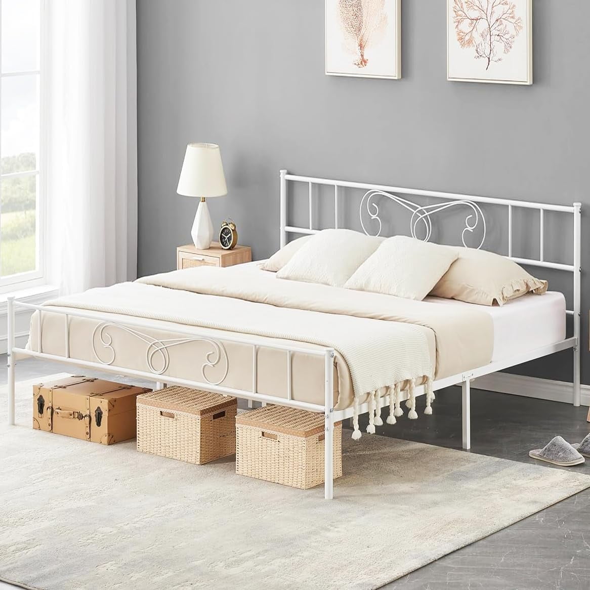 GAOMON King Size Bed Frame Platform with Headboard and Footboard Metal Bed Mattress Foundation, Easy Assembly, No Box Spring Needed, White