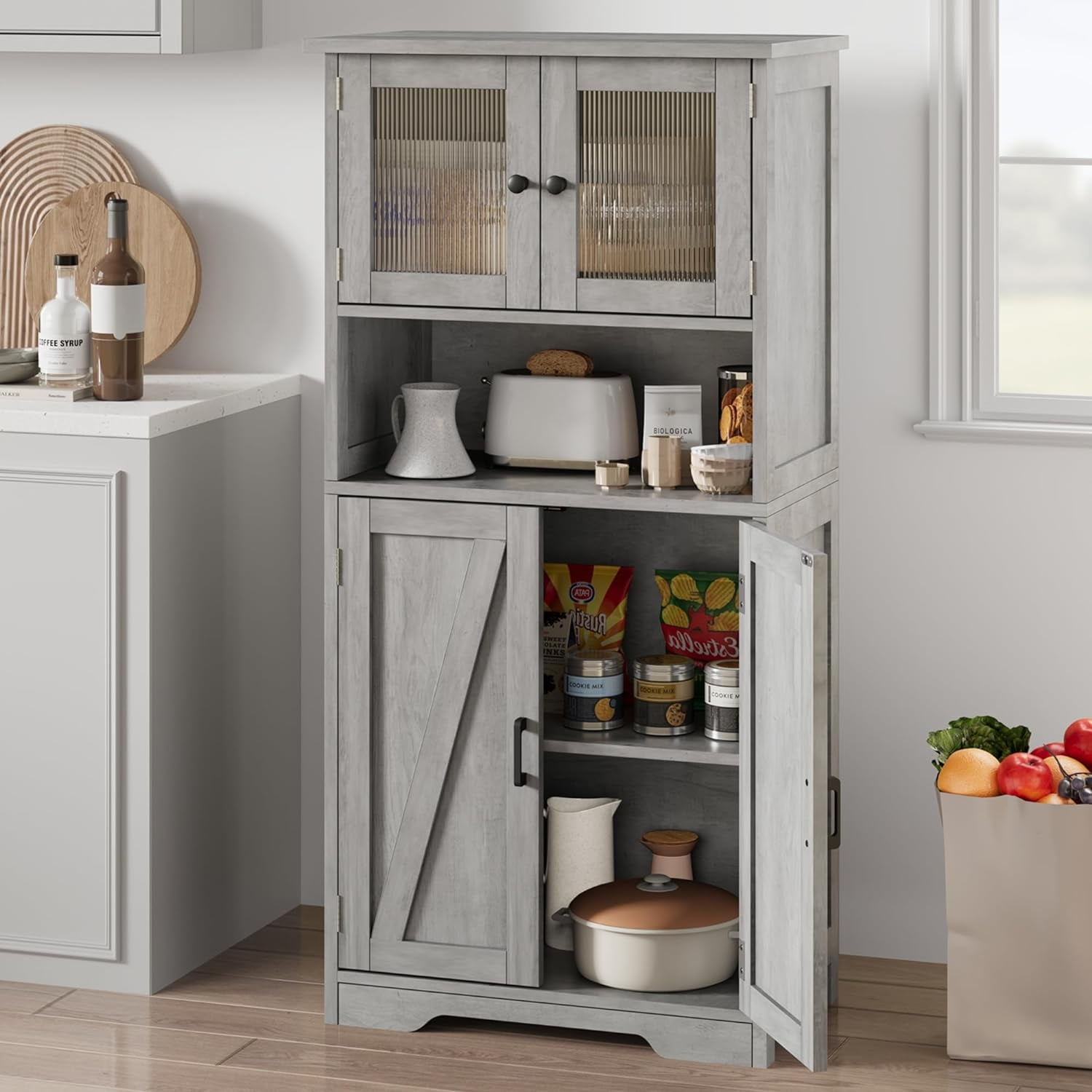 Gray Driftwood MDF Freestanding Floor Linen Cabinet with Adjustable Shelves