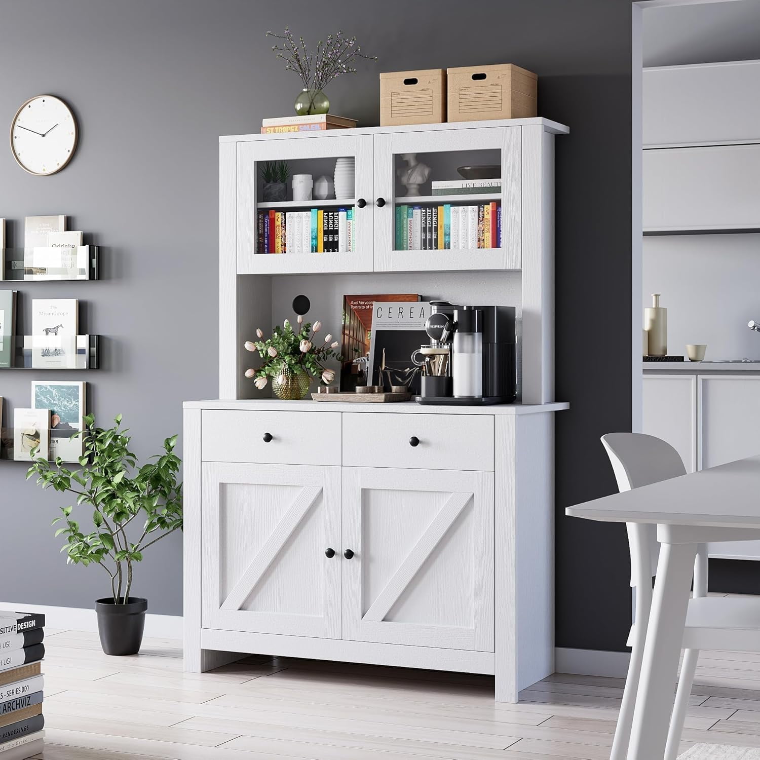 IRONCK Kitchen Pantry Cabinet With Power Outlets - Farmhouse Microwave Stand With Storage & Mug Hooks
