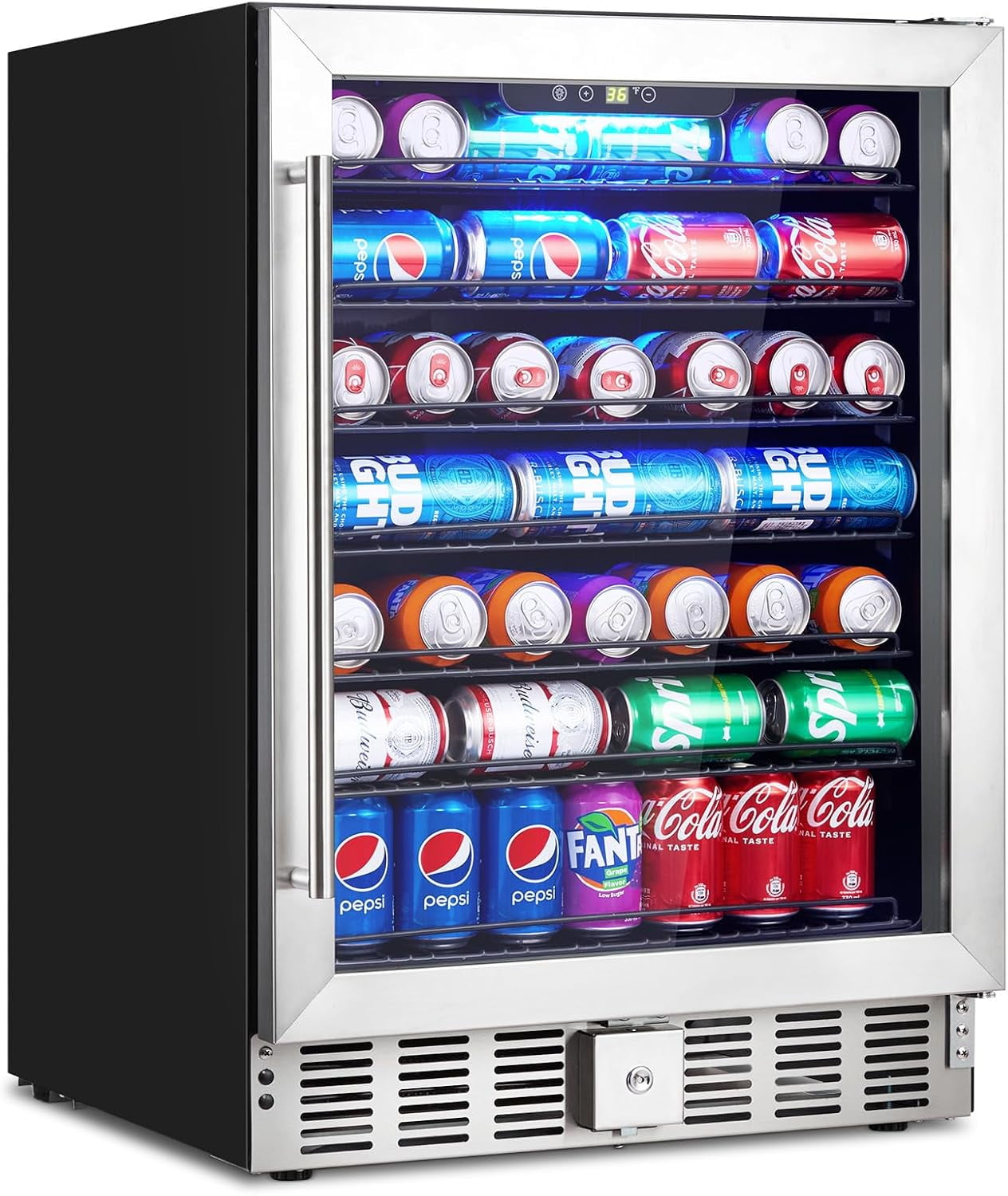 GAOMON LED Beverage Refrigerator, 24-Inch Drink Fridge with 166 Can Capacity, Adjustable Temperature, Air-Cooled System, Safety Lock, Front Ventilation