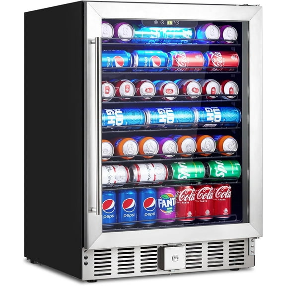 GAOMON LED Beverage Refrigerator, 24-Inch Drink Fridge with 166 Can Capacity, Adjustable Temperature, Air-Cooled System, Safety Lock, Front Ventilation