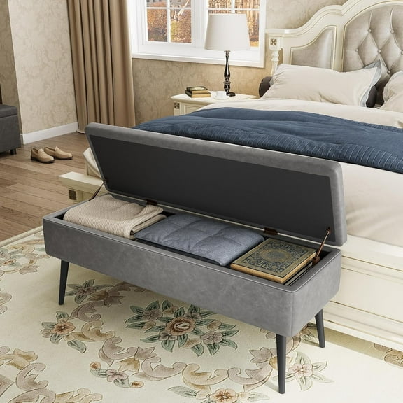 GAOMON Leather Storage Ottoman Bench, Mid-Century Modern Storage Bench for Bedroom, Entryway End of Bed Bench, Synthetic Leather with Stitching, Safety Hinges, Loads 680 Lb, Grey