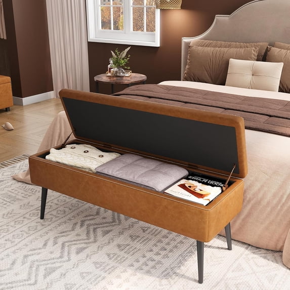 GAOMON Leather Storage Ottoman Bench, Mid-Century Modern Storage Bench for Bedroom, Entryway End of Bed Bench, Synthetic Leather with Stitching, Safety Hinges, Loads 680 Lb,Brown