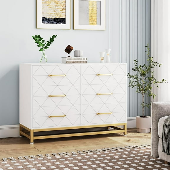 GAOMON Modern 6-Drawer Dresser for Bedroom, Wood Storage Chest with Gold Handles, Multi-Purpose Dresser for Closet, TV Stand, or Entryway Cabinet, White